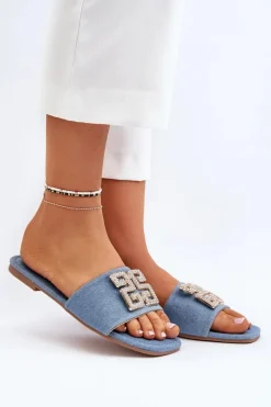 Outlet Boto Klapki Damskie Jeansowe Na Płaskim Obcasie Z Ozdobą Niebieskie Inaile