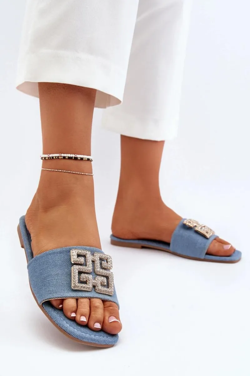 Outlet Boto Klapki Damskie Jeansowe Na Płaskim Obcasie Z Ozdobą Niebieskie Inaile