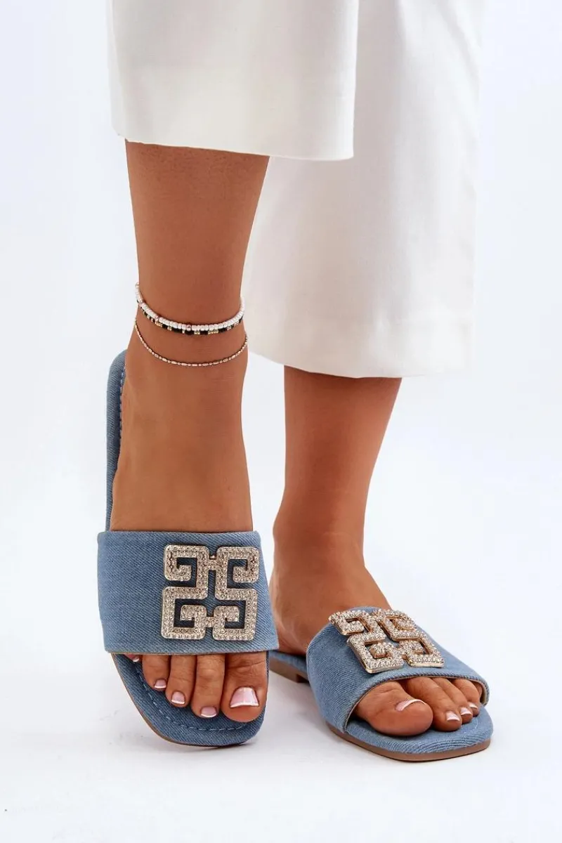 Outlet Boto Klapki Damskie Jeansowe Na Płaskim Obcasie Z Ozdobą Niebieskie Inaile