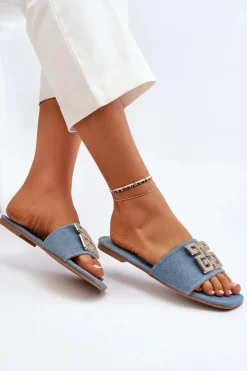 Outlet Boto Klapki Damskie Jeansowe Na Płaskim Obcasie Z Ozdobą Niebieskie Inaile