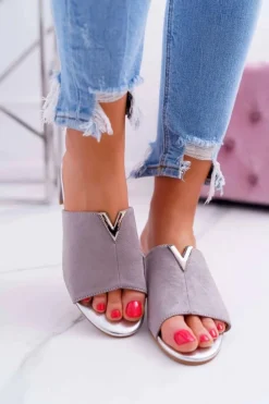 New Klapki Damskie Klasyczne Eleganckie Na Klocku Szare Demea Damskie Klapki Na Obcasie|Klapki Damskie Klasyczne