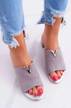 New Klapki Damskie Klasyczne Eleganckie Na Klocku Szare Demea Damskie Klapki Na Obcasie|Klapki Damskie Klasyczne