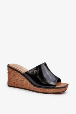 Outlet Buty Sergio Leone Klapki Damskie Lakierowane Na Koturnie Sergio Leone KL213 Czarne