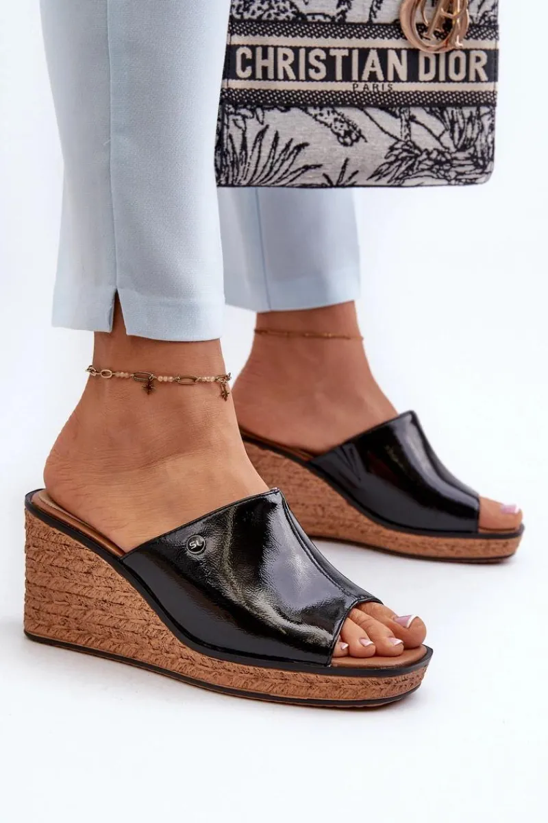 Outlet Buty Sergio Leone Klapki Damskie Lakierowane Na Koturnie Sergio Leone KL213 Czarne