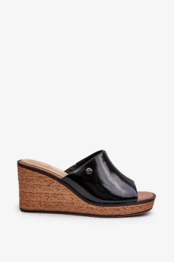 Outlet Buty Sergio Leone Klapki Damskie Lakierowane Na Koturnie Sergio Leone KL213 Czarne