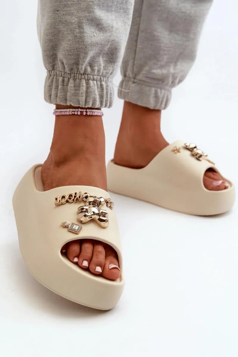 Clearance Klapki Damskie Lekkie Piankowe Z Ozdobami Beżowe Orchia Damskie Klapki Basenowe|Klapki Na Platformie