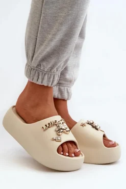 Clearance Klapki Damskie Lekkie Piankowe Z Ozdobami Beżowe Orchia Damskie Klapki Basenowe|Klapki Na Platformie