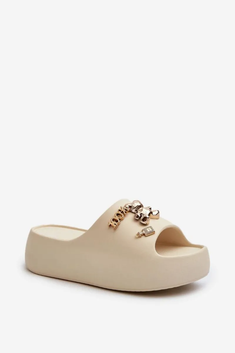 Clearance Klapki Damskie Lekkie Piankowe Z Ozdobami Beżowe Orchia Damskie Klapki Basenowe|Klapki Na Platformie