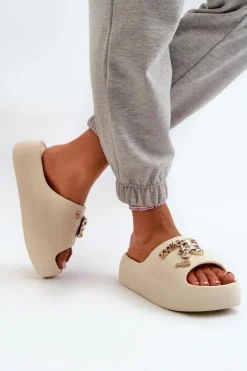 Clearance Klapki Damskie Lekkie Piankowe Z Ozdobami Beżowe Orchia Damskie Klapki Basenowe|Klapki Na Platformie