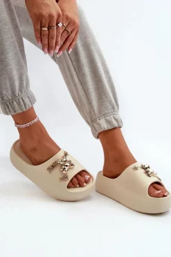 Clearance Klapki Damskie Lekkie Piankowe Z Ozdobami Beżowe Orchia Damskie Klapki Basenowe|Klapki Na Platformie