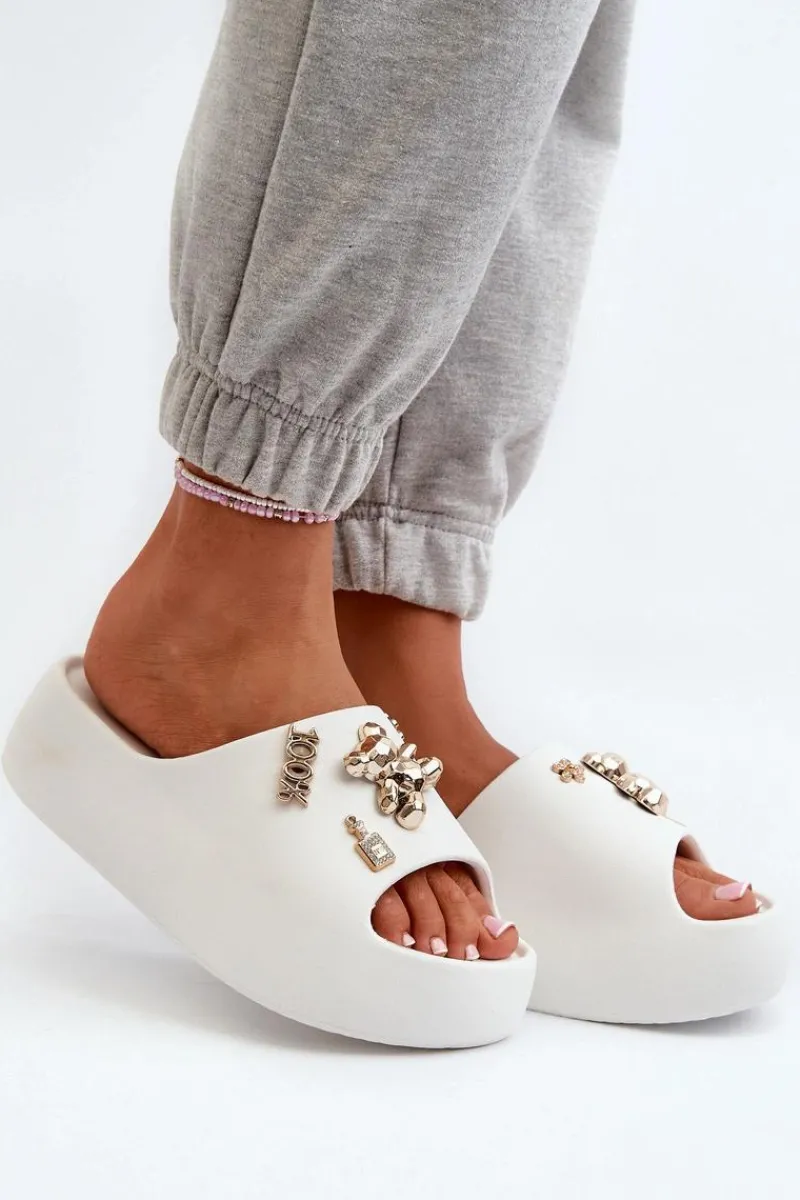 Online Klapki Damskie Lekkie Piankowe Z Ozdobami Białe Orchia Damskie Klapki Basenowe|Klapki Na Platformie