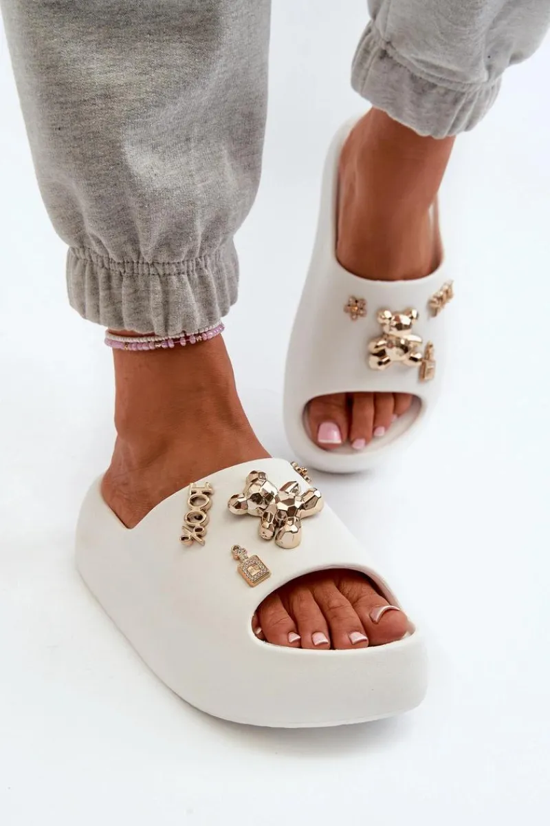 Online Klapki Damskie Lekkie Piankowe Z Ozdobami Białe Orchia Damskie Klapki Basenowe|Klapki Na Platformie