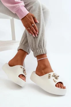 Online Klapki Damskie Lekkie Piankowe Z Ozdobami Białe Orchia Damskie Klapki Basenowe|Klapki Na Platformie