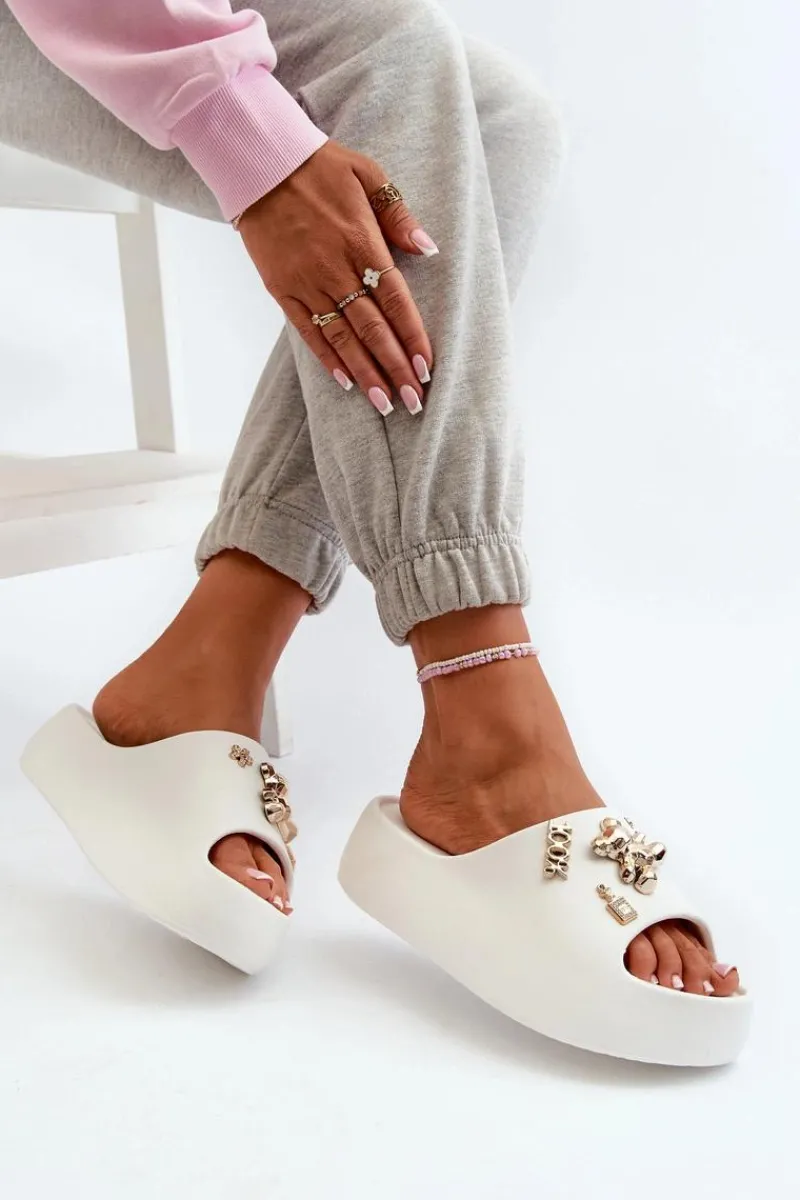 Online Klapki Damskie Lekkie Piankowe Z Ozdobami Białe Orchia Damskie Klapki Basenowe|Klapki Na Platformie