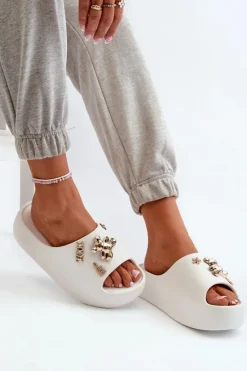 Online Klapki Damskie Lekkie Piankowe Z Ozdobami Białe Orchia Damskie Klapki Basenowe|Klapki Na Platformie