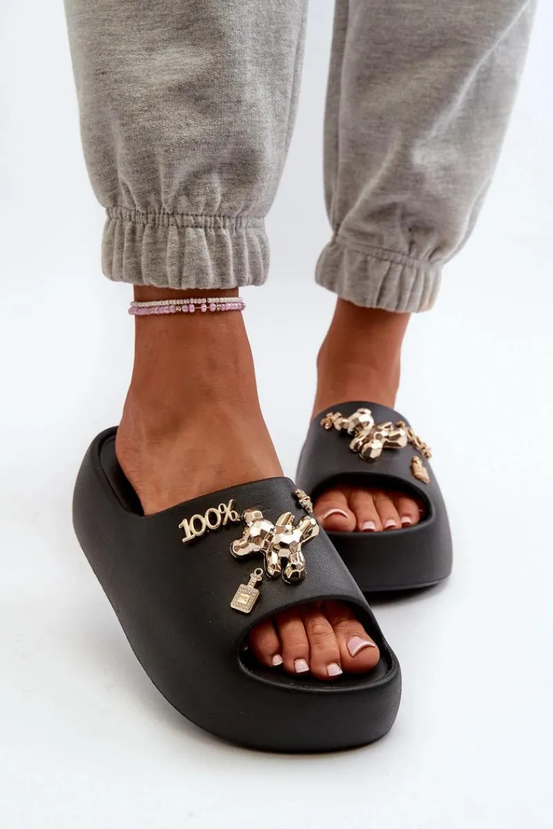 Outlet Boto Klapki Damskie Lekkie Piankowe Z Ozdobami Czarne Orchia Czarny