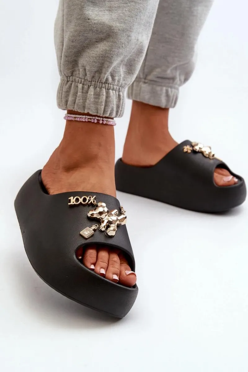 Outlet Boto Klapki Damskie Lekkie Piankowe Z Ozdobami Czarne Orchia Czarny