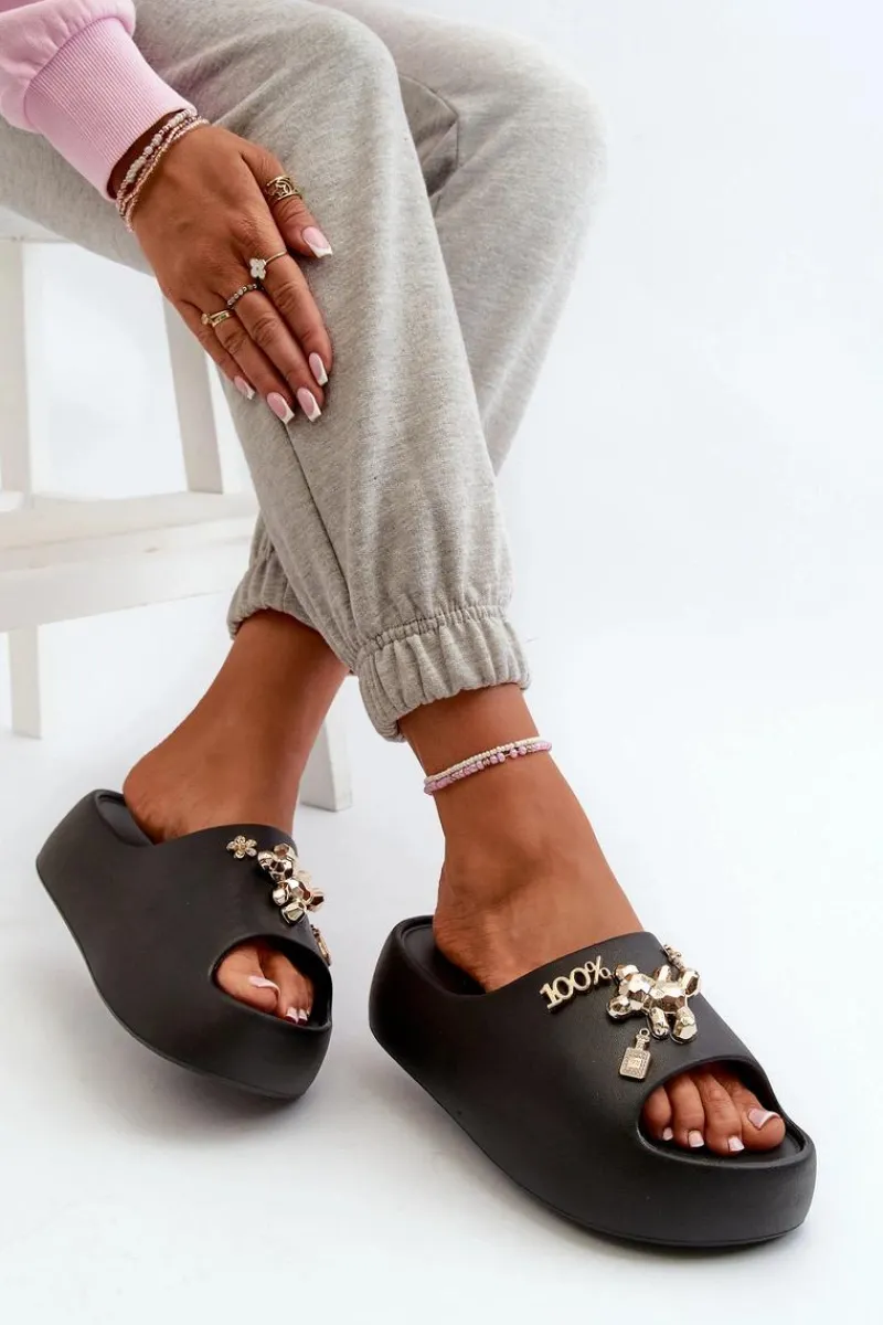 Outlet Boto Klapki Damskie Lekkie Piankowe Z Ozdobami Czarne Orchia Czarny