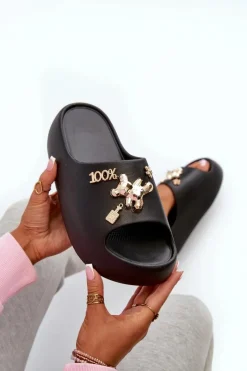 Outlet Boto Klapki Damskie Lekkie Piankowe Z Ozdobami Czarne Orchia Czarny