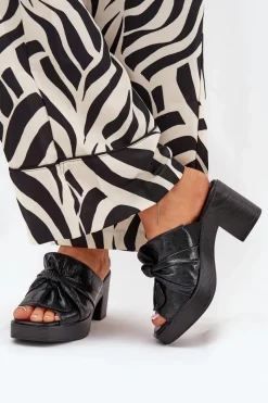 Sale Klapki Damskie Na Słupku Z Eko Skóry Czarne Kikilla Damskie Klapki Na Obcasie|Klapki Damskie Klasyczne