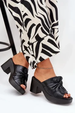 Sale Klapki Damskie Na Słupku Z Eko Skóry Czarne Kikilla Damskie Klapki Na Obcasie|Klapki Damskie Klasyczne