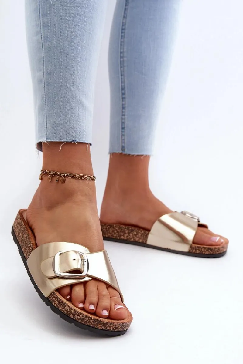 Sale Boto Klapki Damskie Na Korkowej Platformie Z Klamrą Złote Moaxi