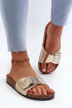 Sale Boto Klapki Damskie Na Korkowej Platformie Z Klamrą Złote Moaxi