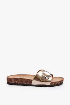 Sale Boto Klapki Damskie Na Korkowej Platformie Z Klamrą Złote Moaxi