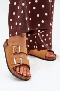 Sale Boto Klapki Damskie Na Korkowej Platformie Z Klamrami Camel Livara Brązowy