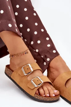 Sale Boto Klapki Damskie Na Korkowej Platformie Z Klamrami Camel Livara Brązowy