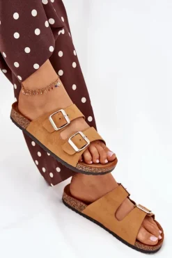 Sale Boto Klapki Damskie Na Korkowej Platformie Z Klamrami Camel Livara Brązowy