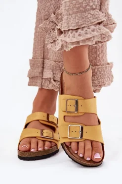 Klapki Korkowe|Klapki Na Platformie>Boto Klapki Damskie Na Korkowej Platformie Klamry Żółte Evisolla