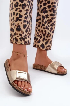 Best Boto Klapki Damskie Na Korkowej Platformie Z Ozdobą Złote Elleriome