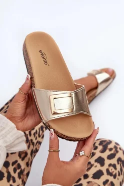 Best Boto Klapki Damskie Na Korkowej Platformie Z Ozdobą Złote Elleriome