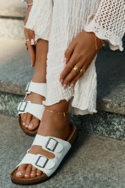 Online Klapki Damskie Na Korkowej Platformie Z Klamrami Białe Redore Damskie Klapki Korkowe|Klapki Na Platformie