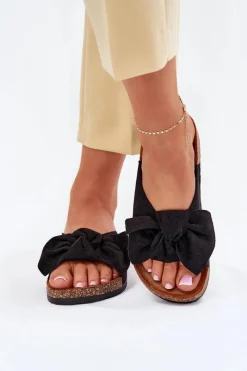 Clearance Klapki Damskie Na Korkowej Podeszwie Kokardką Czarne Seressa Damskie Klapki Korkowe|Klapki Na Platformie