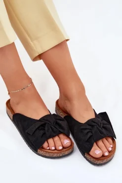 Clearance Klapki Damskie Na Korkowej Podeszwie Kokardką Czarne Seressa Damskie Klapki Korkowe|Klapki Na Platformie