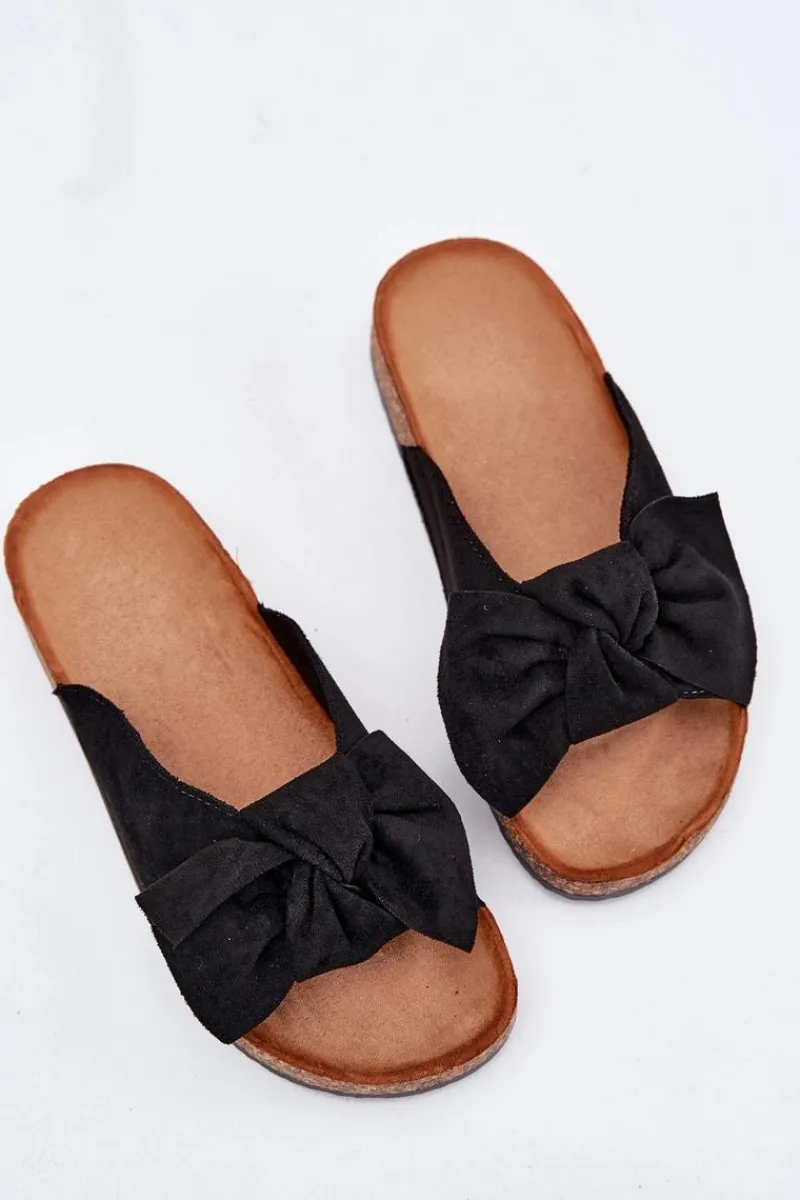 Clearance Klapki Damskie Na Korkowej Podeszwie Kokardką Czarne Seressa Damskie Klapki Korkowe|Klapki Na Platformie