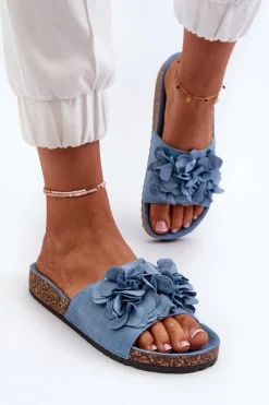 Hot Boto Klapki Damskie Na Korkowej Platformie Z Eko Zamszu Niebieskie Jaihini