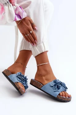 Hot Boto Klapki Damskie Na Korkowej Platformie Z Eko Zamszu Niebieskie Jaihini