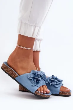 Hot Boto Klapki Damskie Na Korkowej Platformie Z Eko Zamszu Niebieskie Jaihini