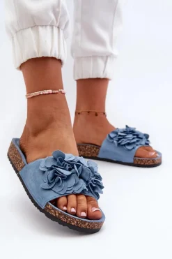 Hot Boto Klapki Damskie Na Korkowej Platformie Z Eko Zamszu Niebieskie Jaihini