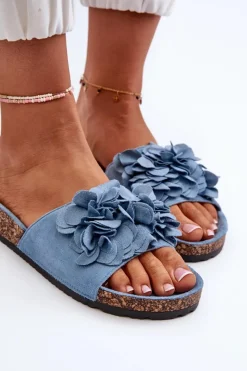 Hot Boto Klapki Damskie Na Korkowej Platformie Z Eko Zamszu Niebieskie Jaihini