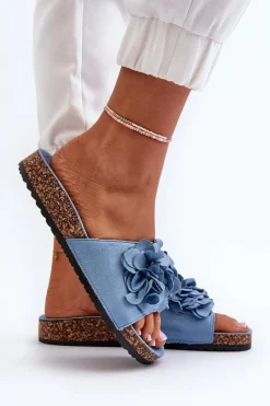 Hot Boto Klapki Damskie Na Korkowej Platformie Z Eko Zamszu Niebieskie Jaihini