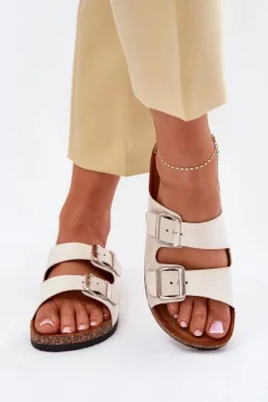 Hot Boto Klapki Damskie Na Korkowej Platformie Z Klamrami Beżowe Livara