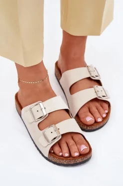 Hot Boto Klapki Damskie Na Korkowej Platformie Z Klamrami Beżowe Livara