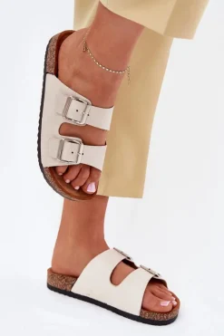 Hot Boto Klapki Damskie Na Korkowej Platformie Z Klamrami Beżowe Livara