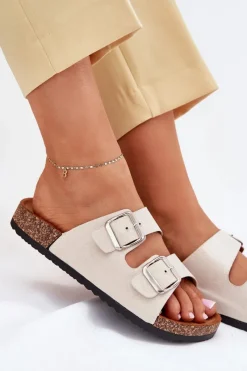 Hot Boto Klapki Damskie Na Korkowej Platformie Z Klamrami Beżowe Livara