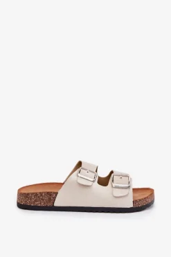 Hot Boto Klapki Damskie Na Korkowej Platformie Z Klamrami Beżowe Livara