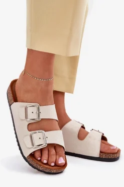 Hot Boto Klapki Damskie Na Korkowej Platformie Z Klamrami Beżowe Livara